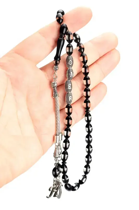 Men's Gift Letter Tasseled Amber Rosary, Personalized Rosary Black-Black - 2