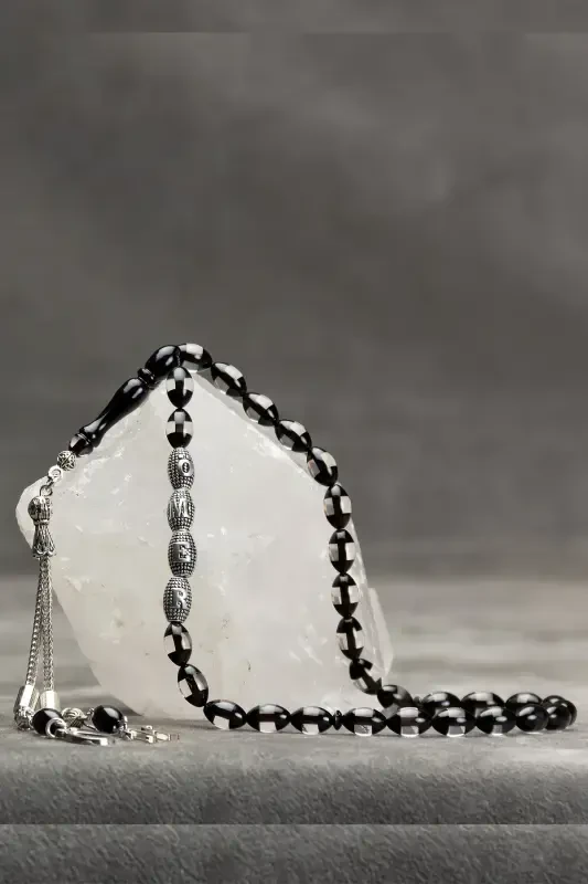 Men's Gift Letter Tasseled Amber Rosary, Personalized Rosary Black-Black - 5