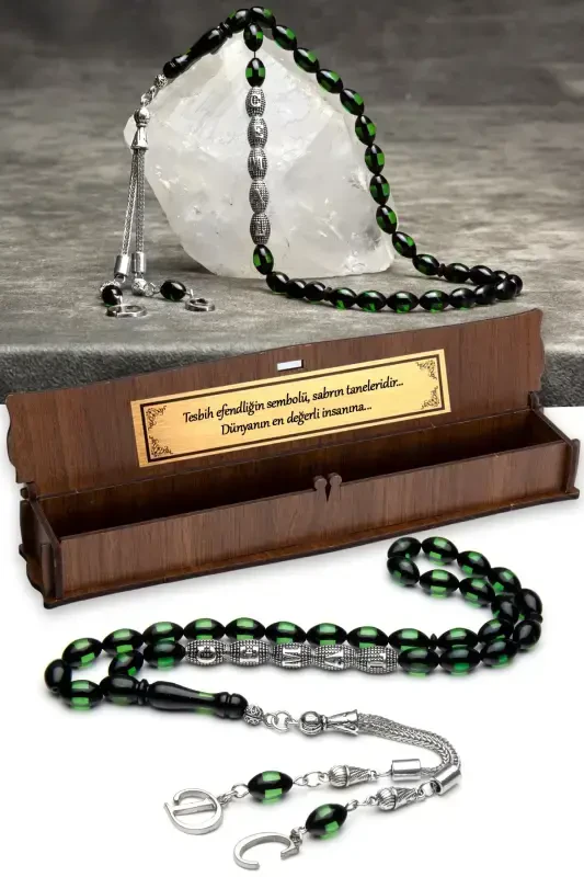 Men's Gift Letter Tasseled Amber Rosary, Personalized Rosary Green-Green Black - OTTOTESBİH
