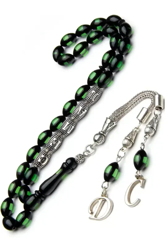 Men's Gift Letter Tasseled Amber Rosary, Personalized Rosary Green-Green Black - 4