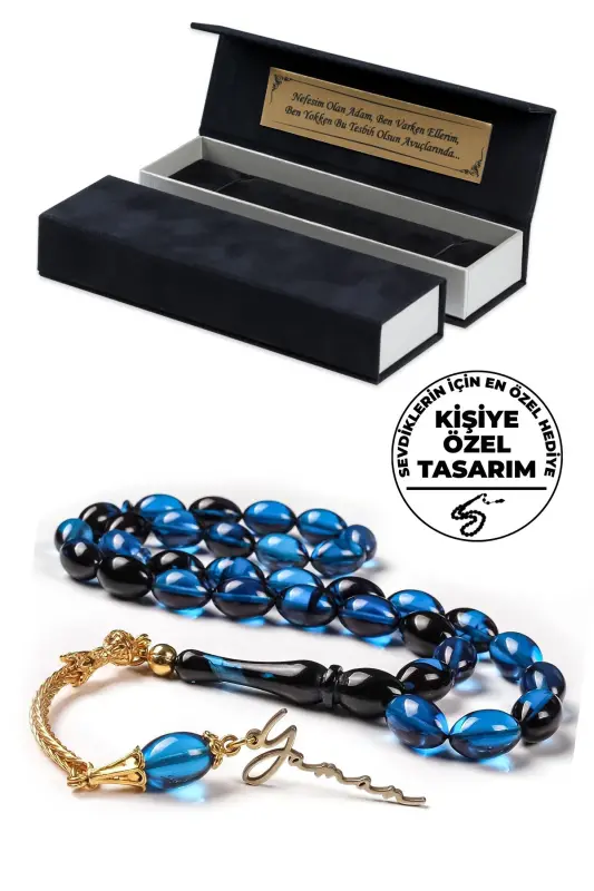 Men's gift night blue fire amber named rosary, signed. - TESBİHCİBABA