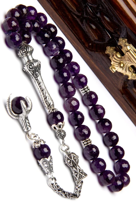 Men's Gift Silver Accessory 8mm Amethyst Tesbih, Natural Stone Tesbih - OTTOTESBİH