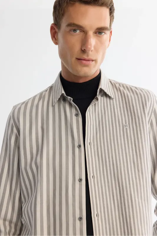 Men's Gray 100% Cotton Button-Down Collar Striped Gö - 2