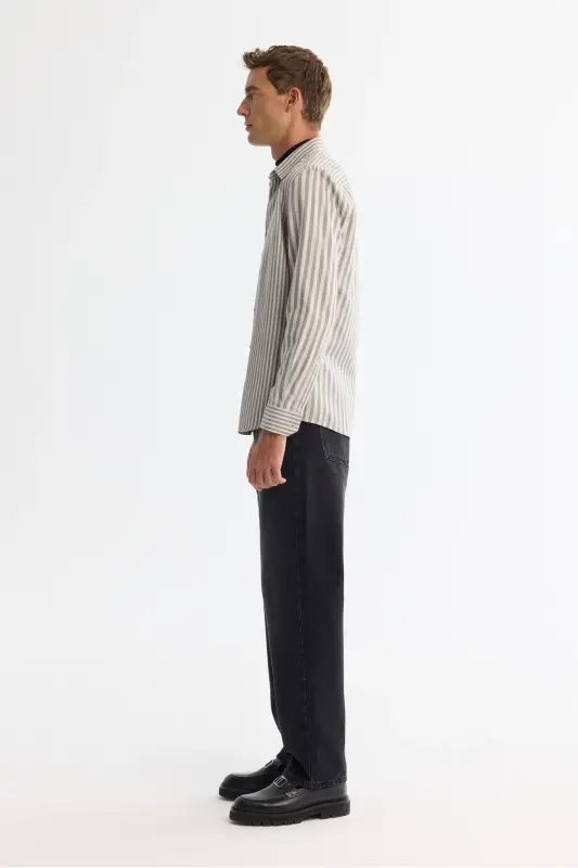 Men's Gray 100% Cotton Button-Down Collar Striped Gö - 3