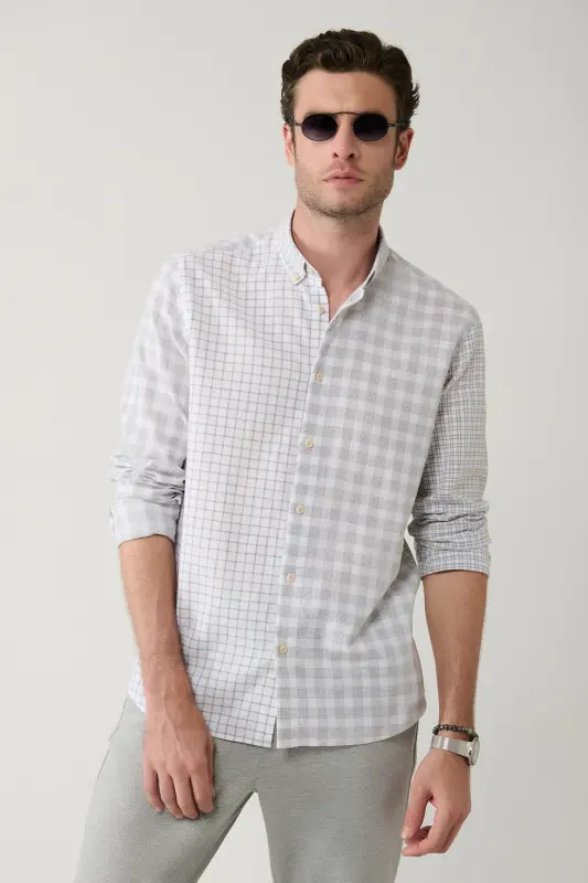 Men's Gray Button-Down Collar Plaid Linen Blend Regular Fit Shirt A41Y2052 - AVVA