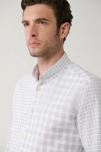 Men's Gray Button-Down Collar Plaid Linen Blend Regular Fit Shirt A41Y2052 - AVVA (1)