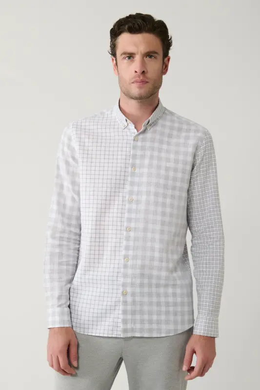 Men's Gray Button-Down Collar Plaid Linen Blend Regular Fit Shirt A41Y2052 - 3