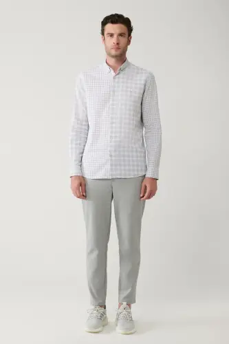 Men's Gray Button-Down Collar Plaid Linen Blend Regular Fit Shirt A41Y2052 - 5