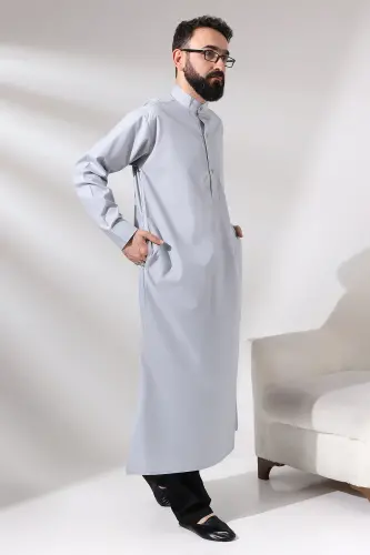Men's Gray Çınar Hajj and Umrah Outfit Full-Length Long Dagron Fabric Robe - Gray - 5