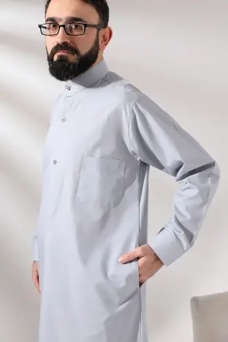 Men's Gray Çınar Hajj and Umrah Outfit Full-Length Long Dagron Fabric Robe - Gray - 6