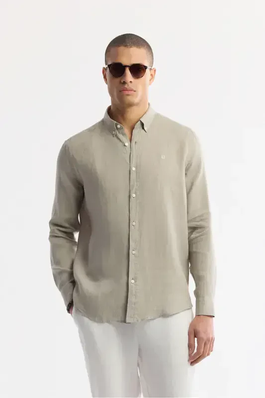 Men's Gray Comfort Fit 100% Linen Button-Down Collar Shirt B002191-Gray - 1