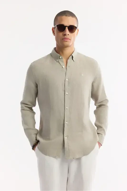 Men's Gray Comfort Fit 100% Linen Button-Down Collar Shirt B002191-Gray - 5