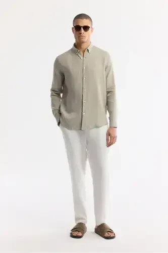 Men's Gray Comfort Fit 100% Linen Button-Down Collar Shirt B002191-Gray - 6