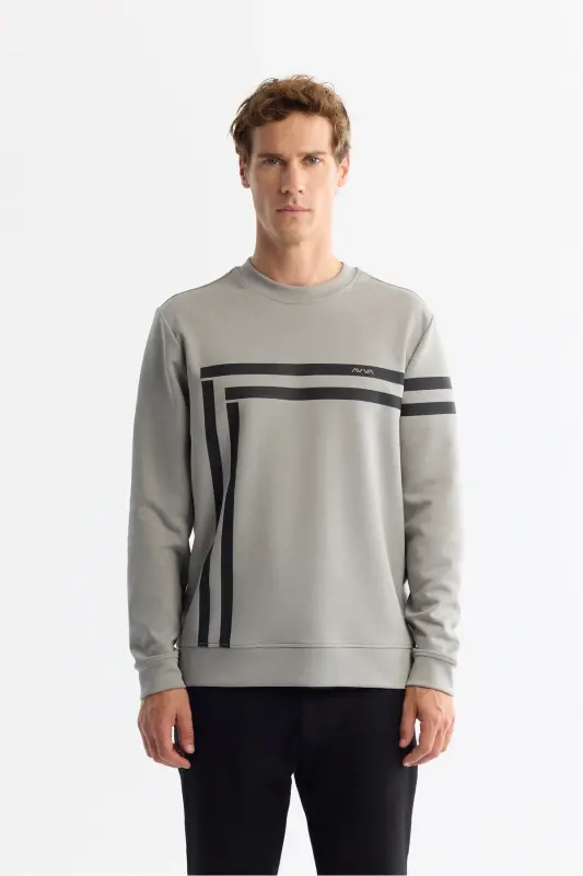 Men's Gray Crew Neck Cotton Printed Elastane Sw - 1