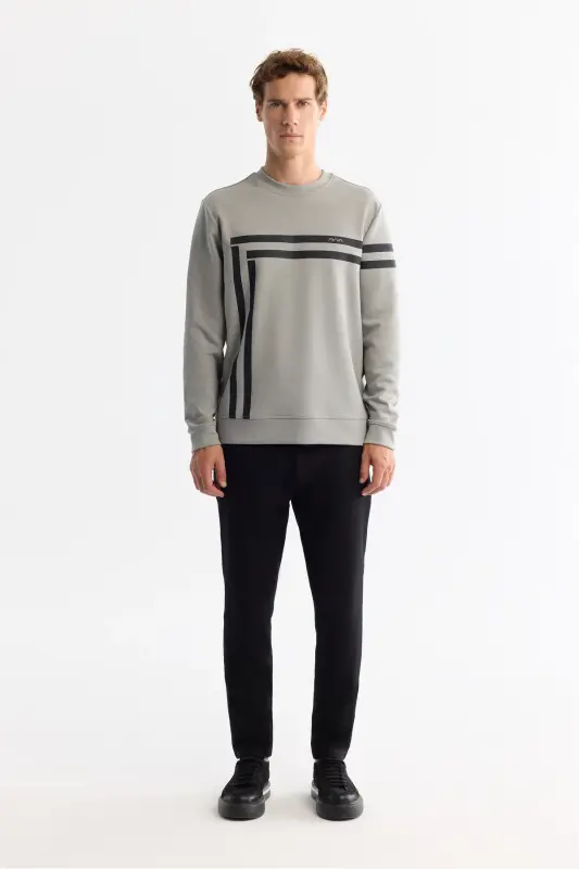Men's Gray Crew Neck Cotton Printed Elastane Sw - 5