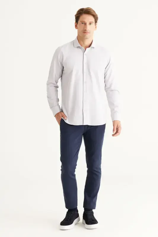 Men's Gray Easy Iron Slim Fit Narrow Cut Italian Collar Textured Shirt-Gray - 3