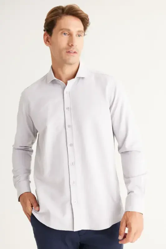 Men's Gray Easy Iron Slim Fit Narrow Cut Italian Collar Textured Shirt-Gray - 6