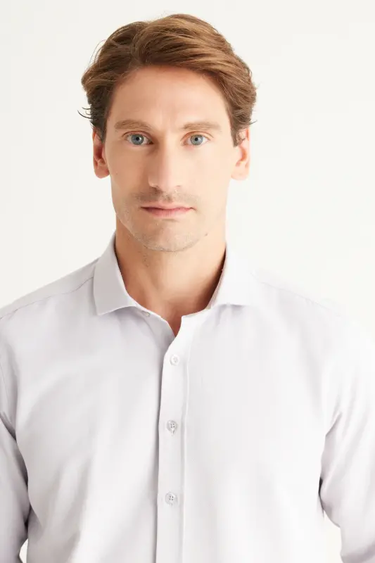 Men's Gray Easy Iron Slim Fit Narrow Cut Italian Collar Textured Shirt-Gray - 6