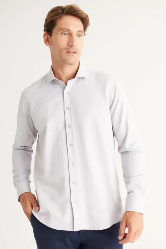 Men's Gray Easy Iron Slim Fit Narrow Cut Italian Collar Textured Shirt-Gray - 7