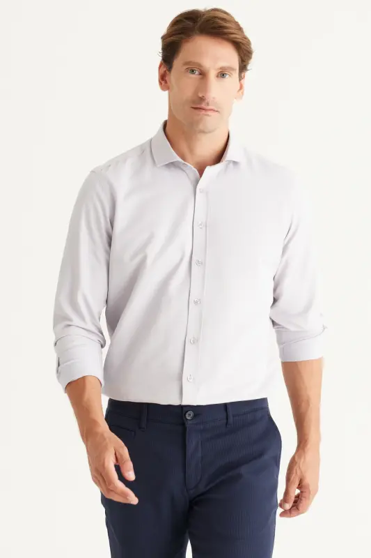 Men's Gray Easy Iron Slim Fit Narrow Cut Italian Collar Textured Shirt-Gray - 8