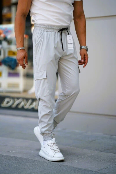 Men's GRAY Elastic Waist Drawstring Cargo Pocket Flexible Slim Fit Jogger Pants - CEYHANPARK