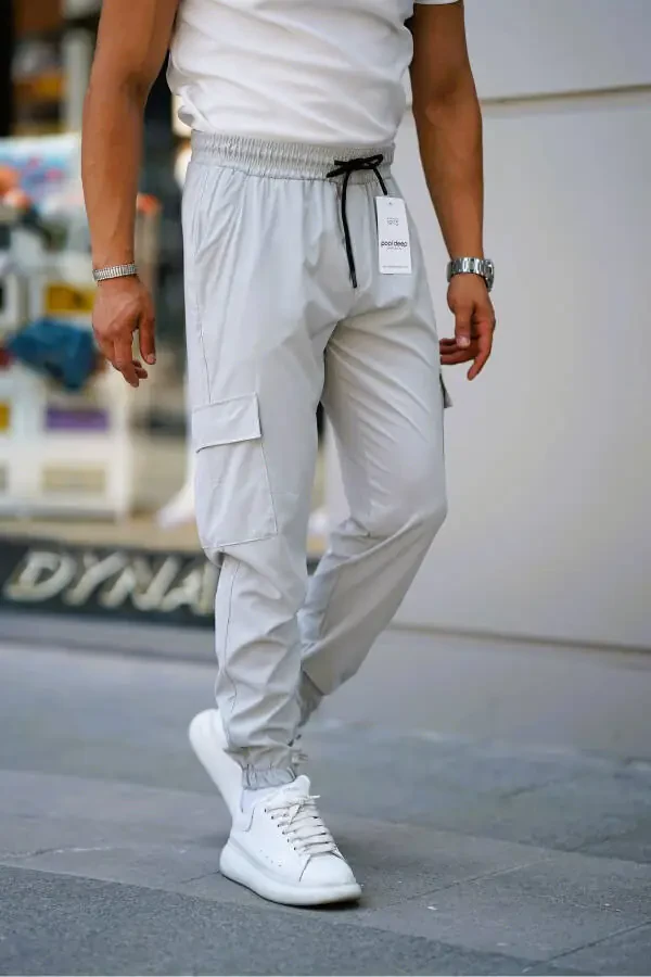 Men's GRAY Elastic Waist Drawstring Cargo Pocket Flexible Slim Fit Jogger Pants - 1