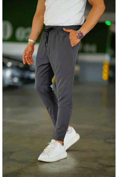 Men's Gray Elastic Waist Drawstring Patterned Stretch Slim Fit Jogger Pants - CEYHANPARK