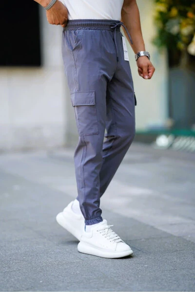 Men's GRAY Elastic Waistband Drawstring Cargo Pocket Stretchy Slim Fit Jogger Pants - CEYHANPARK
