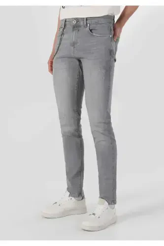 Men's gray, low-rise, straight leg, slim fit pants. - 3