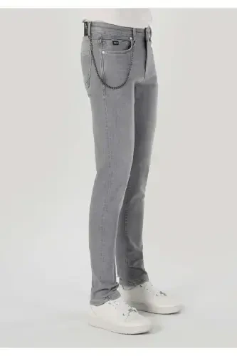 Men's gray, low-rise, straight leg, slim fit pants. - 4
