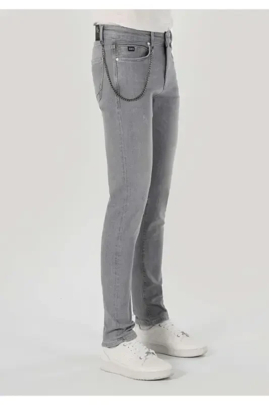 Men's gray, low-rise, straight leg, slim fit pants. - 4