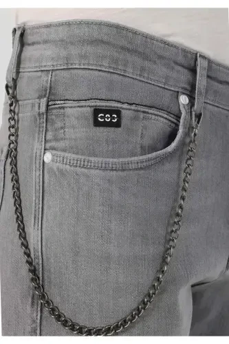 Men's gray, low-rise, straight leg, slim fit pants. - 5