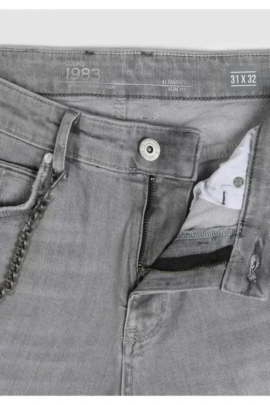 Men's gray, low-rise, straight leg, slim fit pants. - 7