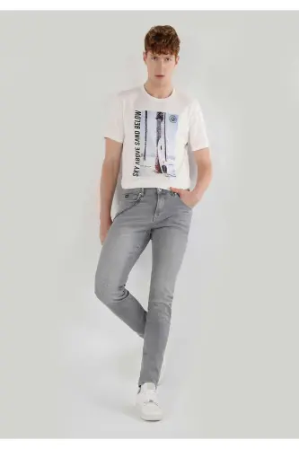 Men's gray, low-rise, straight leg, slim fit pants. - 1