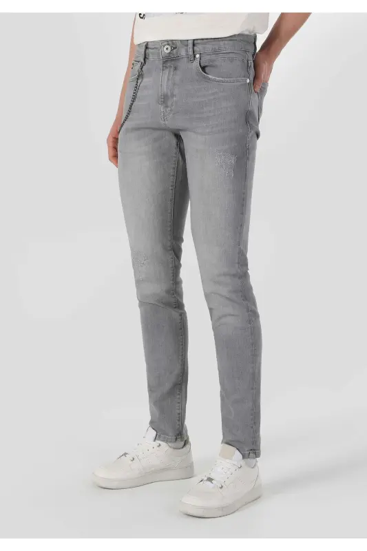Men's gray, low-rise, straight leg, slim fit pants. - 3
