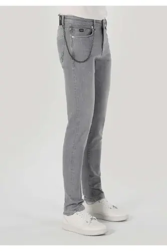Men's gray, low-rise, straight leg, slim fit pants. - 4