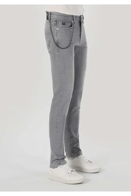 Men's gray, low-rise, straight leg, slim fit pants. - 4