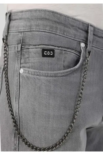 Men's gray, low-rise, straight leg, slim fit pants. - 5