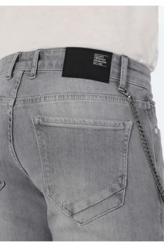 Men's gray, low-rise, straight leg, slim fit pants. - 6