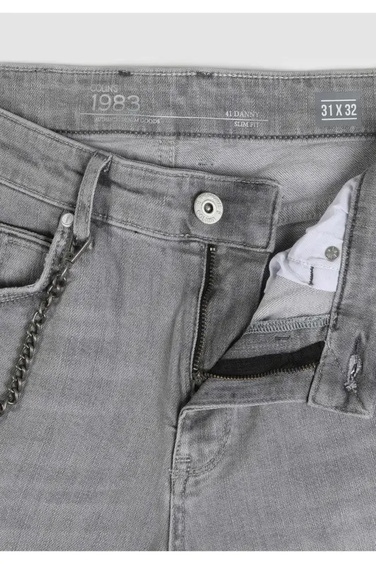 Men's gray, low-rise, straight leg, slim fit pants. - 7