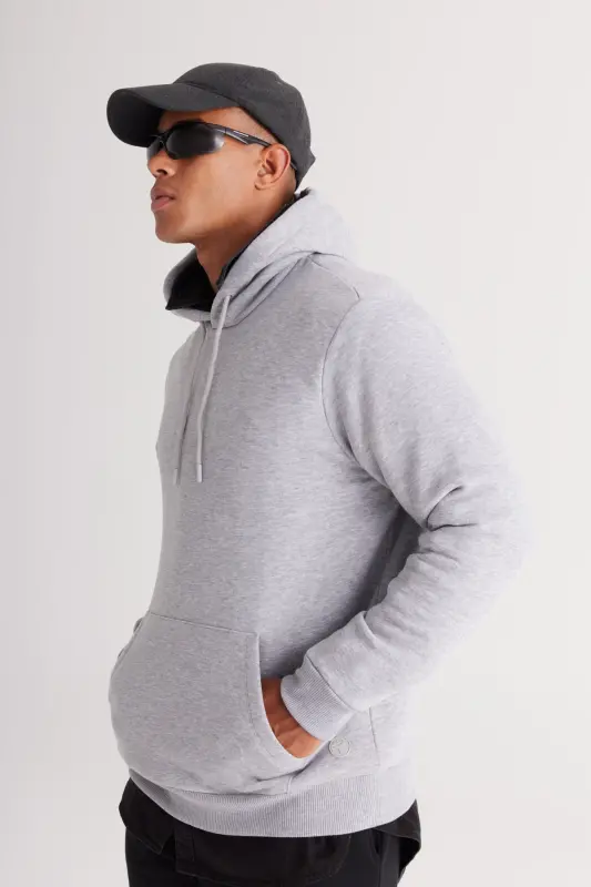 Men's Gray Melange Standard Fit Fleece Lined 3 Thread Hooded Kangaroo Pocket Cotton Sweatshirt-Gray Melange - 6