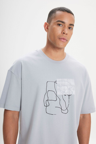 Men's Gray Oversize Loose Fit Crew Neck 100% Cotton Printed T-Shirt - 3