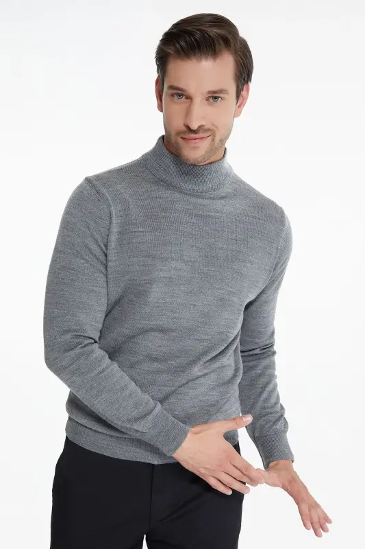 Men's Gray Regular Fit Half Turtleneck Knit Sweater - 3