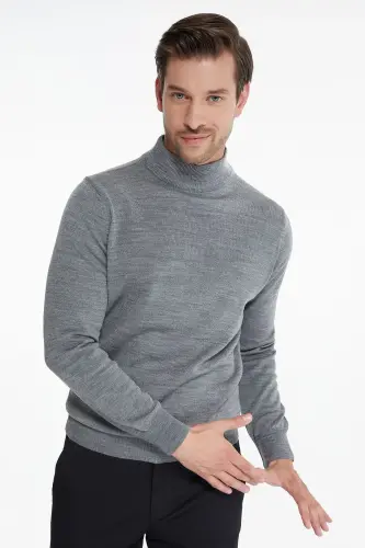 Men's Gray Regular Fit Half Turtleneck Knit Sweater - HATEMOĞLU (1)