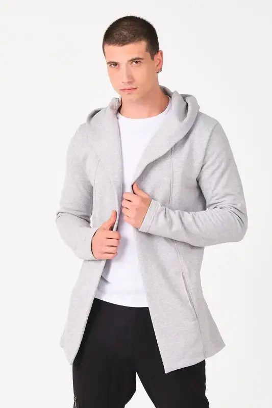 Men's Gray Regular Fit Hooded Long Poncho Cardigan-Gray - THE RULE