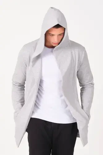 Men's Gray Regular Fit Hooded Long Poncho Cardigan-Gray - 4
