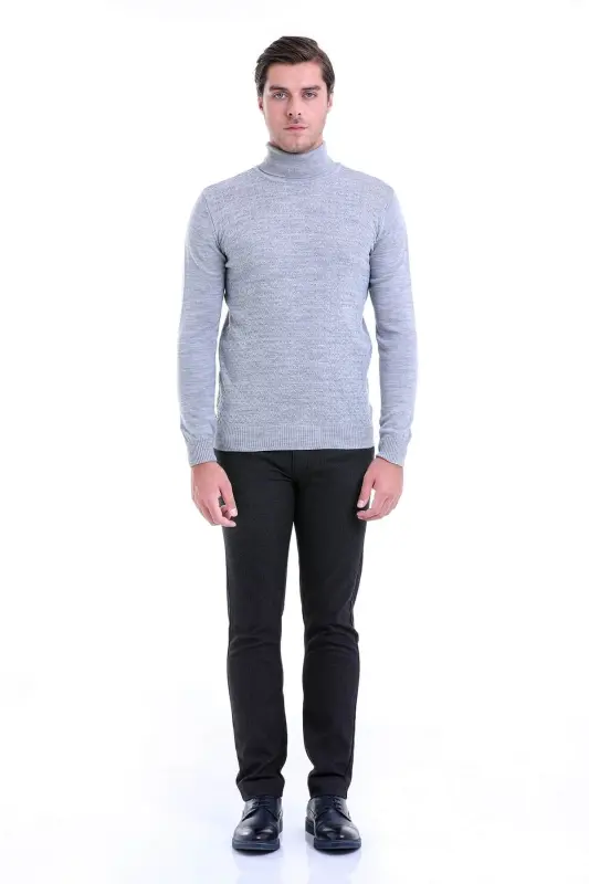 Men's Gray Regular Fit Patterned Fisherman's Collar Knitwear - 3