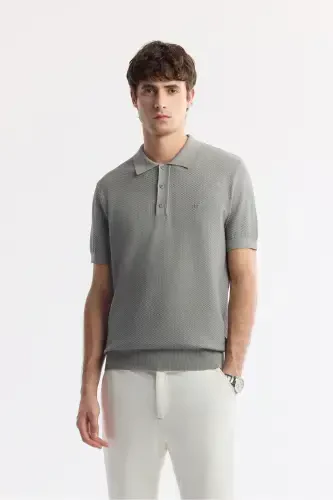 Men's Gray Regular Fit Polo Neck Textured Knit T-shirt B005120-Gray - 1