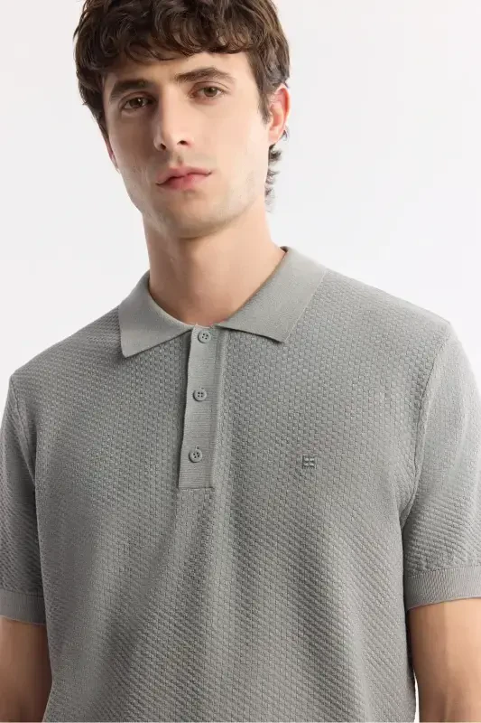 Men's Gray Regular Fit Polo Neck Textured Knit T-shirt B005120-Gray - 2