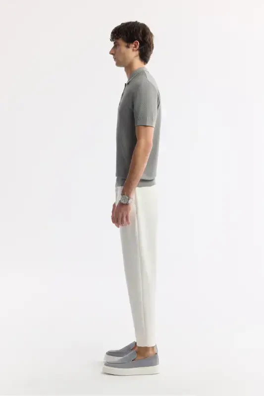 Men's Gray Regular Fit Polo Neck Textured Knit T-shirt B005120-Gray - 3